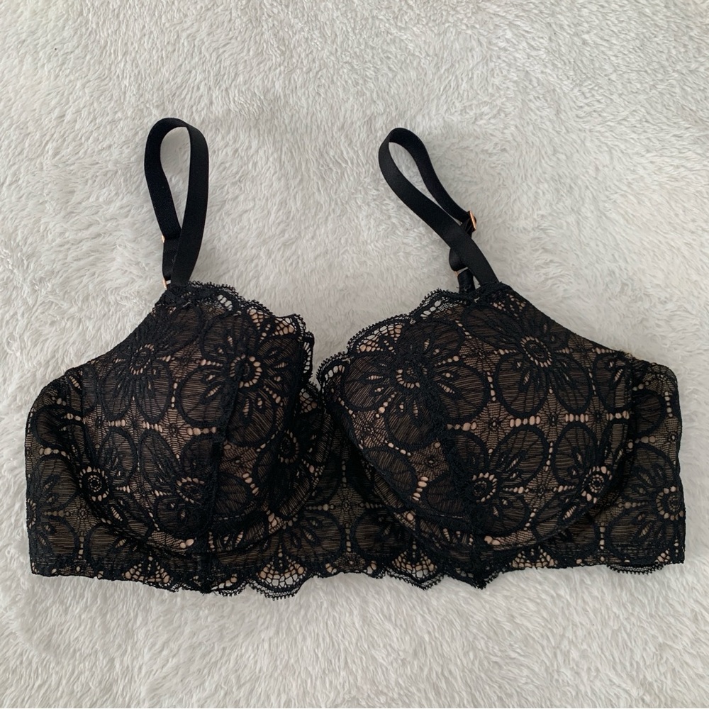 Women’s 36C AERIE Real Power Black Nude Lace Balconette Underwire Bra
